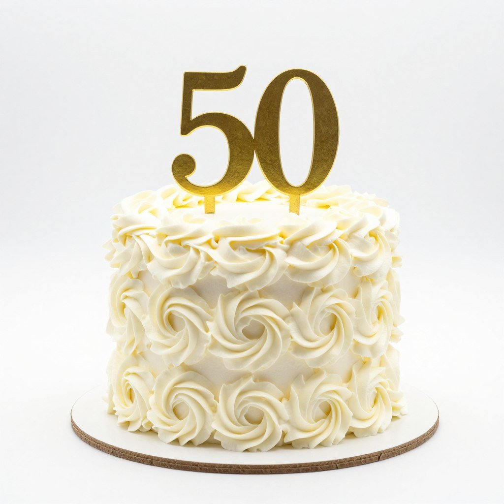 white buttercream 50th birthday cake with rosette design