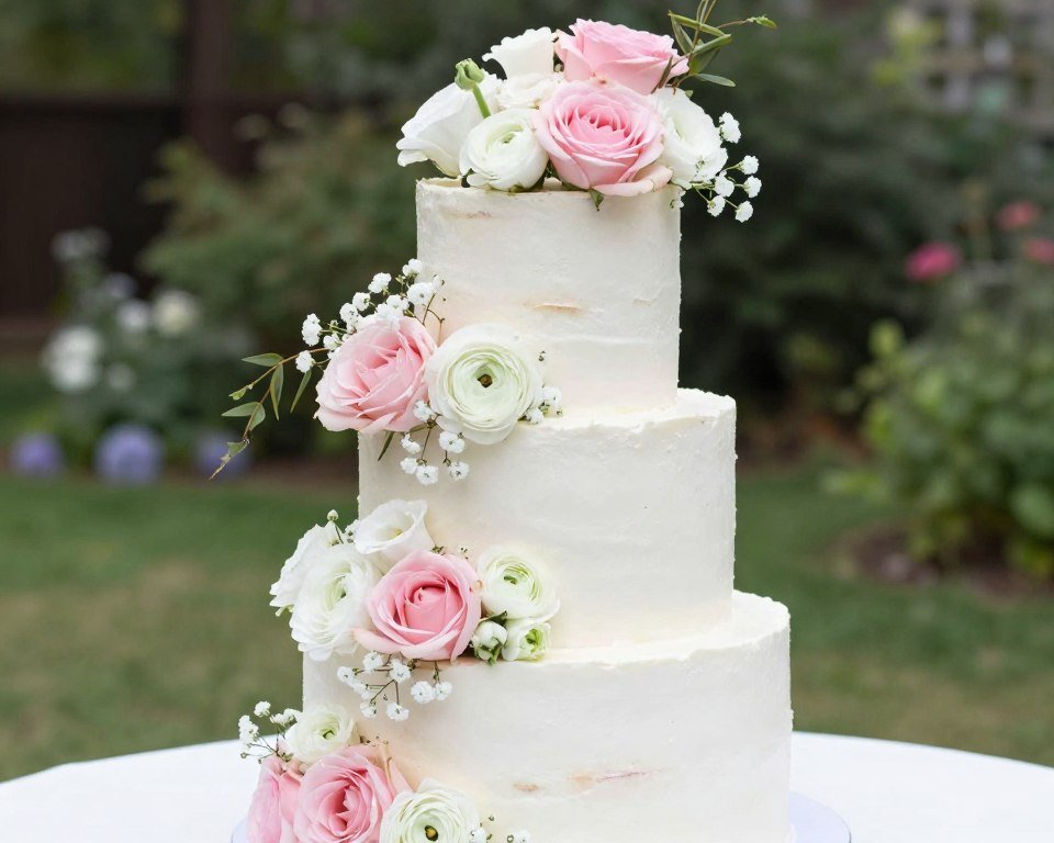white cake decorated with fresh flowers cascading down the side