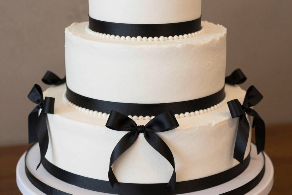 white cake with black ribbon details
