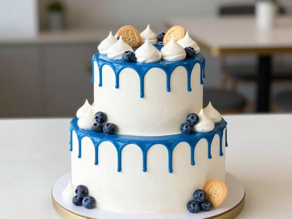 white cake with blue drip design white cake with blue drip design