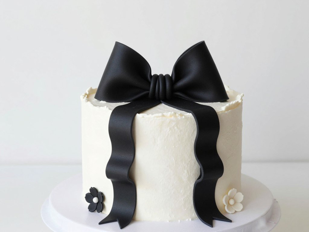 white cake with delicate black bow