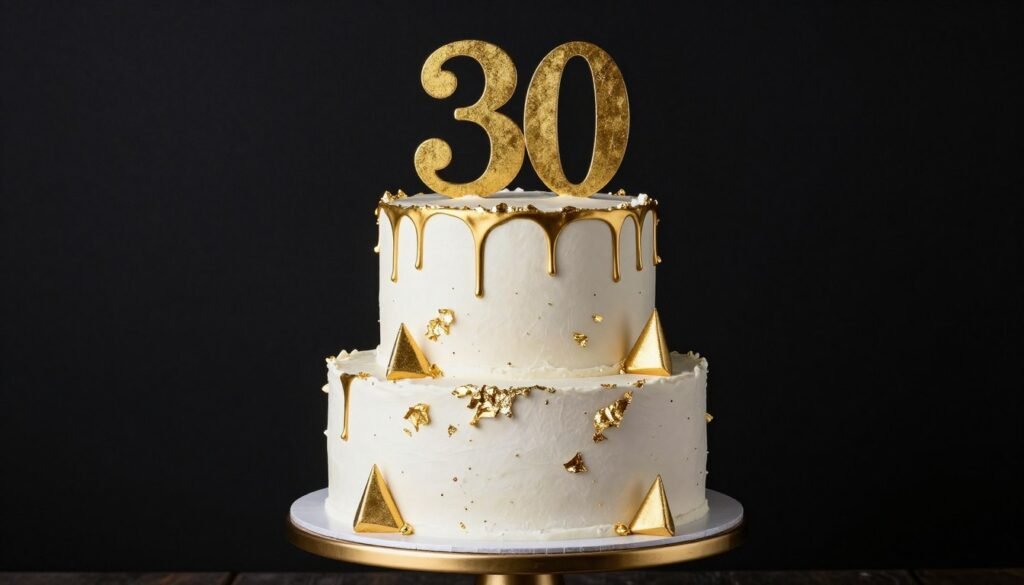 white cake with gold leaf and gold drip decorations