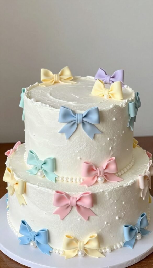 white cake with pastel bows