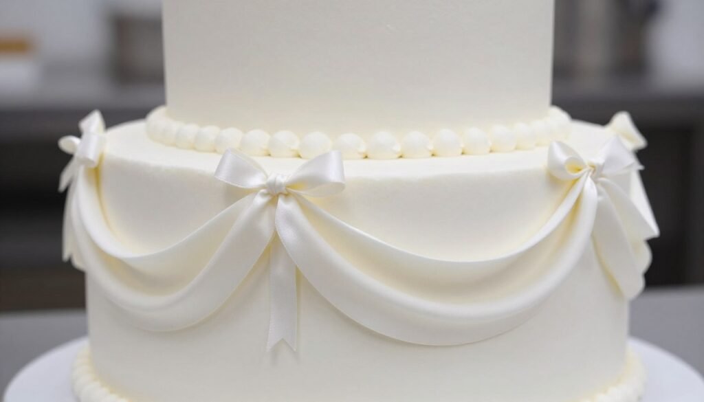 white cake with perfectly draped ribbons showing professional coquette technique white cake with perfectly draped ribbons showing professional coquette technique
