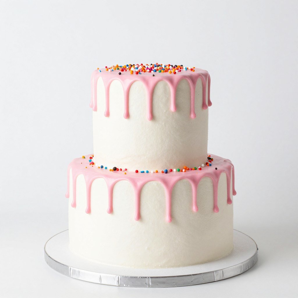 white cake with pink chocolate drip and sprinkles white cake with pink chocolate drip and sprinkles