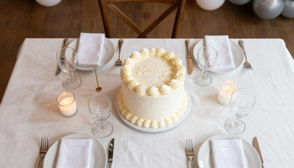 white coquette birthday cake integrated into full party table setting white coquette birthday cake integrated into full party table setting
