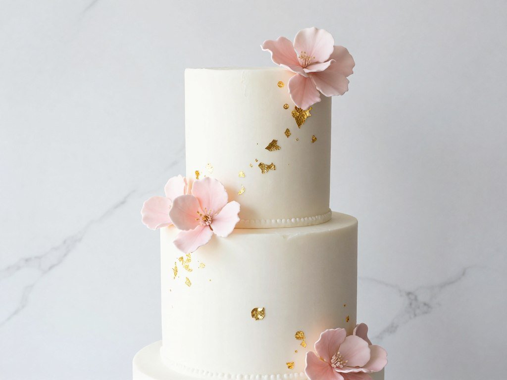 white fondant cake with gold leaf accents and pink details white fondant cake with gold leaf accents and pink details