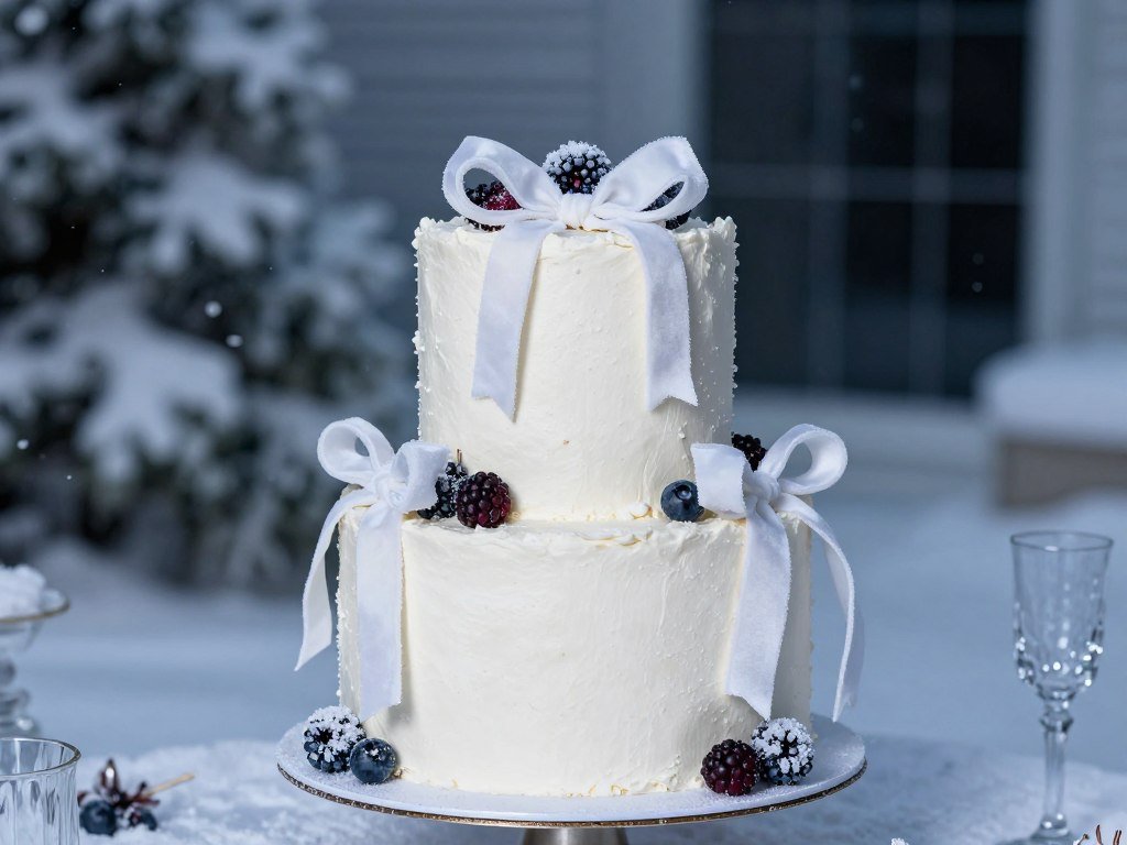white winter birthday cake with velvet ribbons and frosted berry decorations white winter birthday cake with velvet ribbons and frosted berry decorations