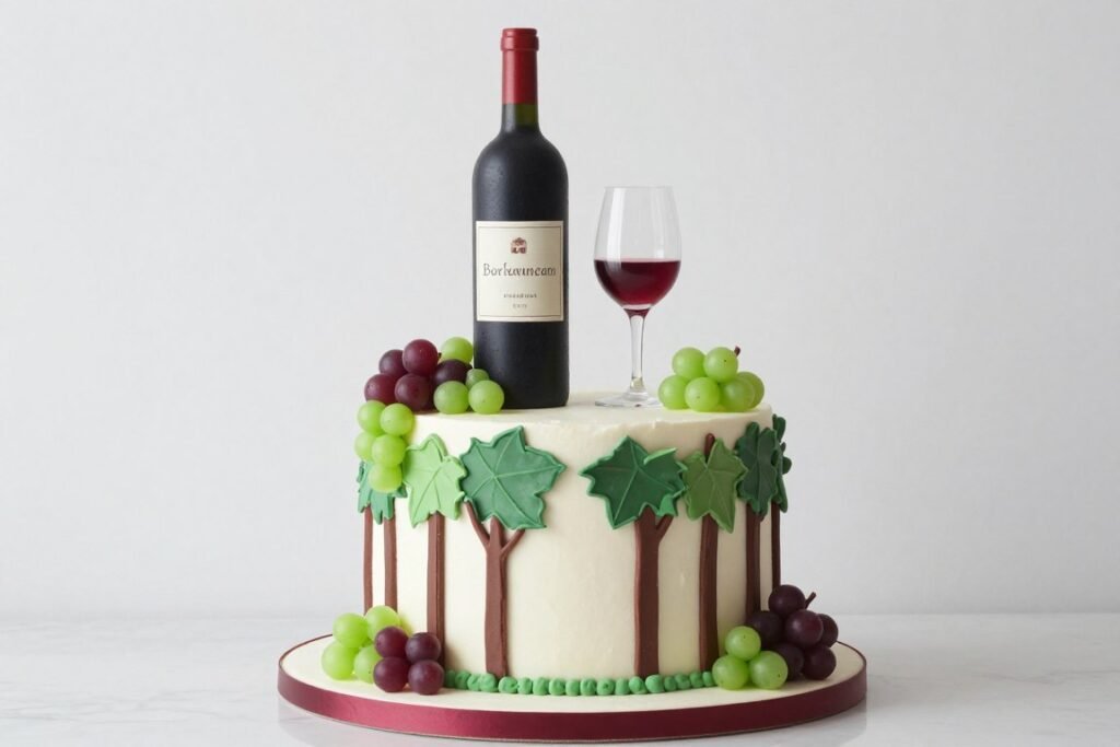 wine-themed birthday cake with bottle and glass decorations