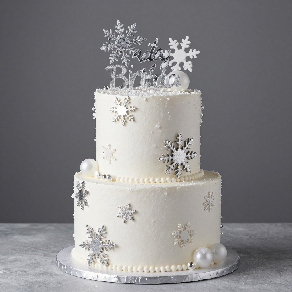 winter-themed white and silver birthday cake
