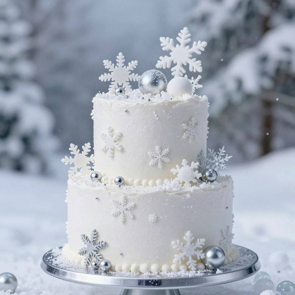 winter white coquette cake with snowflake decorations and icy aesthetic winter white coquette cake with snowflake decorations and icy aesthetic
