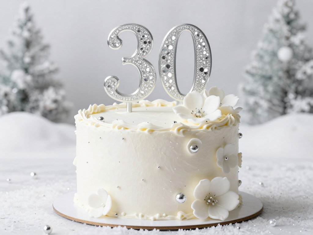 winter wonderland 30th birthday cake with white flowers and silver accents