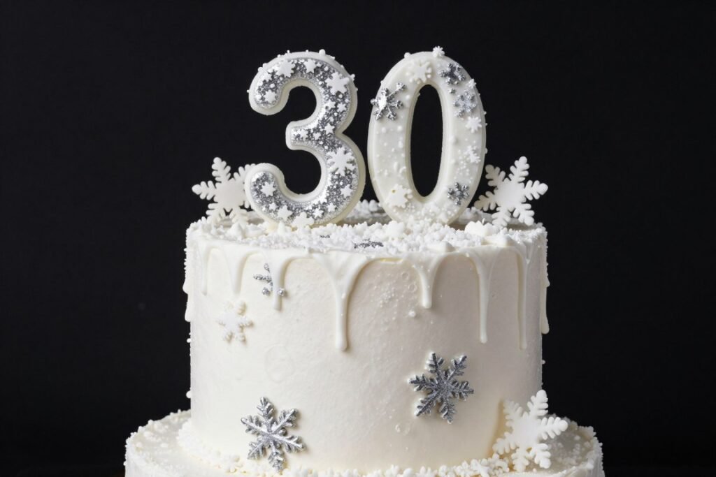 winter wonderland birthday cake with snowflakes and silver accents