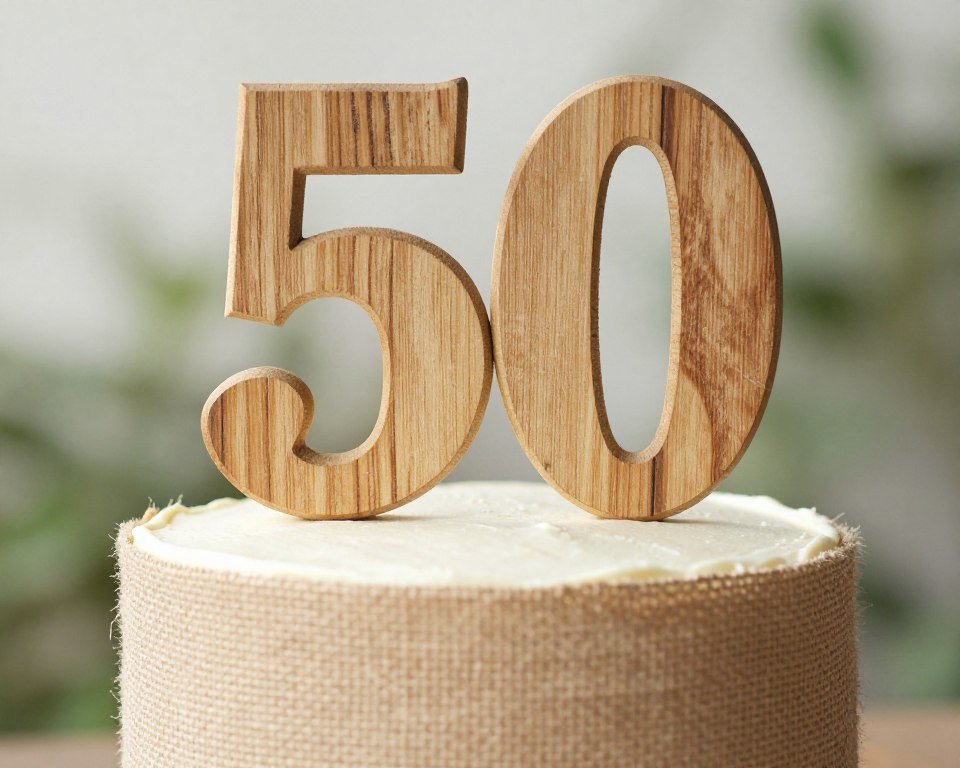 wooden number 50 on rustic cake